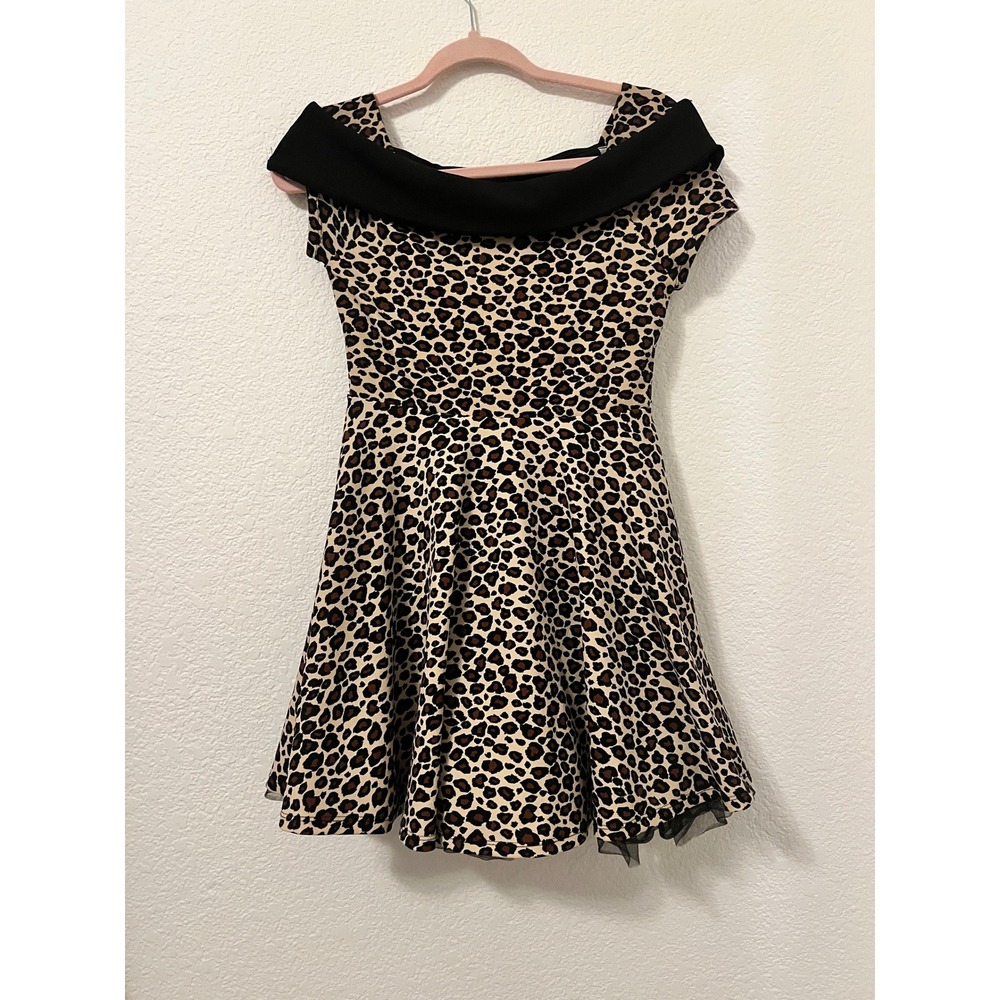 Leopard Print Off Shoulder Skater Dress with Tulle Petticoat Lining Animal Print